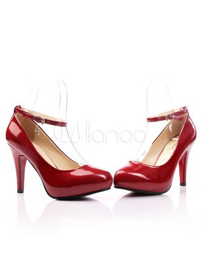 red platform pumps with ankle strap