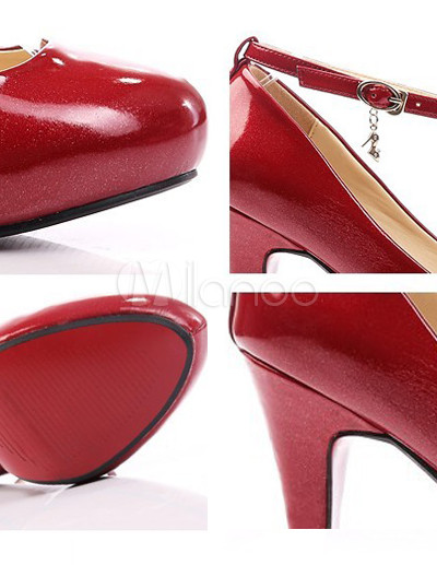 7/10’’ Platform 3 1/10’’ Heel Red Round Toe Ankle Straps PU Fashion ...