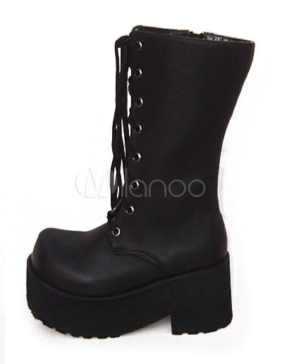 3 1/10'' Heel With 2'' Platform Black Lace Tie PU Lolita Boots ...