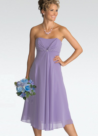Purple Strapless Tea Length Dress