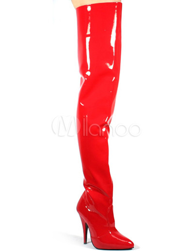 red patent leather knee high boots