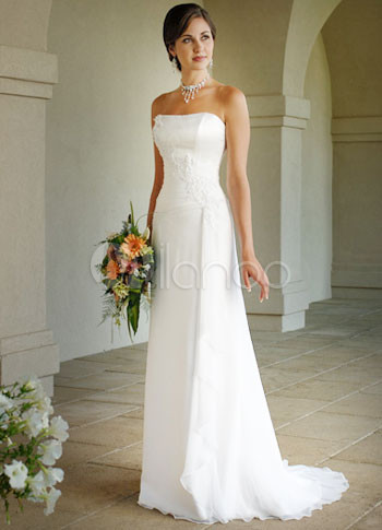 elegante blanco barrido strapless gasa vestido de novia - milanoo