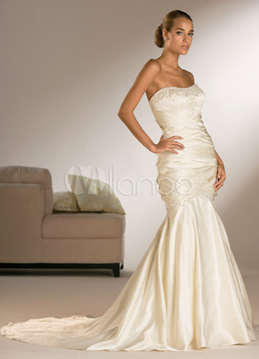 Champagne Mermaid Trumpet Strapless Sweep Satin Wedding Dress Champagne Mermaid Trumpet Strapless Sweep Satin Wedding Dress No 1