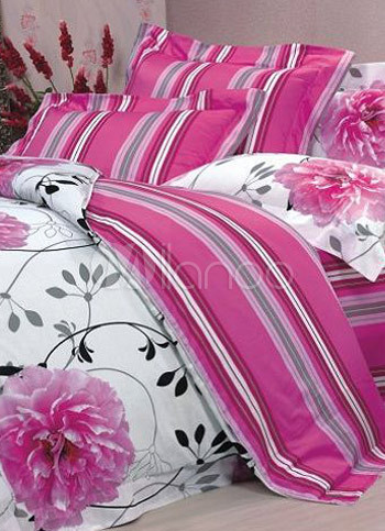 4 Pc Gorgeous Fuchsia Floral Satin Duvet Cover Bedding Set