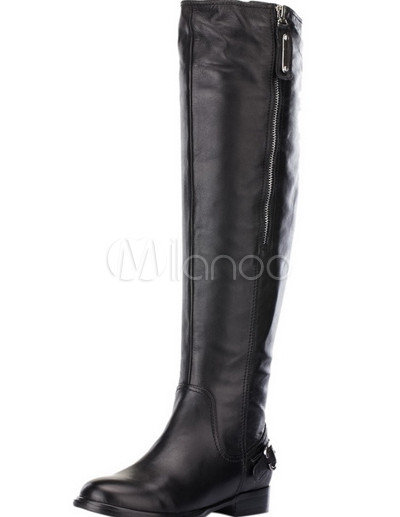 Cute Black 1 1/5'' Heel Flat Zip Buckle Decoration Cowhide Fashion Knee ...
