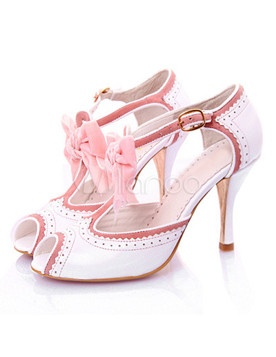 Cute Pink And White 3 1/10'' High Heel Peep Toe T-Strap Bow Sheepskin ...