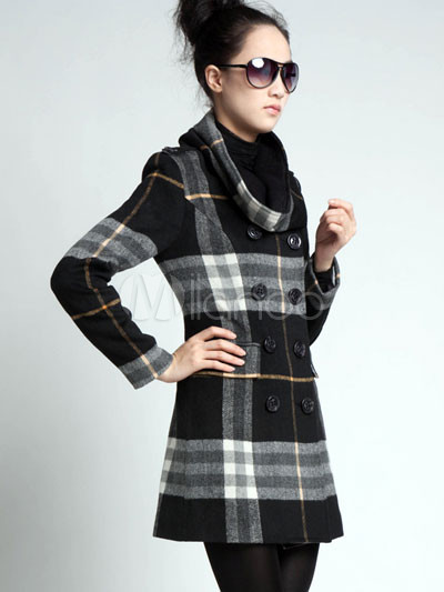 Fashional Black And White 90% Wool 10% Polyester Plaid Double-Breasted ...