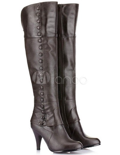 Gorgeous Brown 3 1/10'' High Heel Buttons PU Fashion Knee High Boots ...