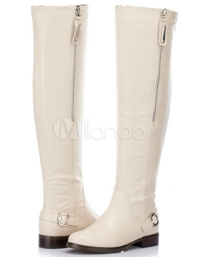 Bonito color beige 1 1 / 5 '' talón Zip Apartamento hebilla Decoración Botas  rodilla Cuero Moda de alta - Milanoo.com