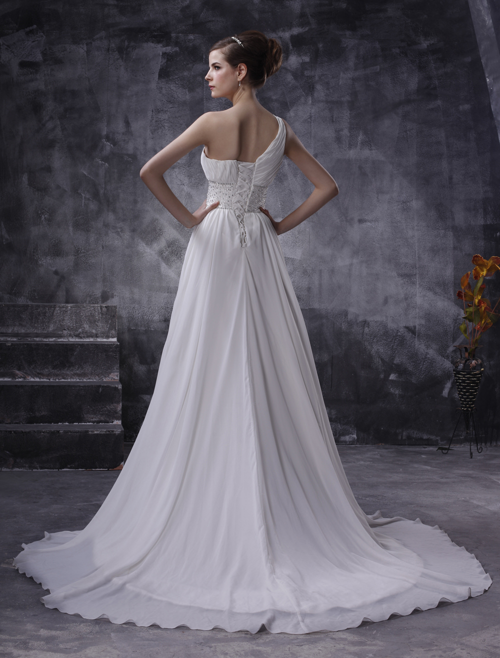 Fabulous White Chiffon One Shoulder Sweep Wedding Dress - Milanoo.com