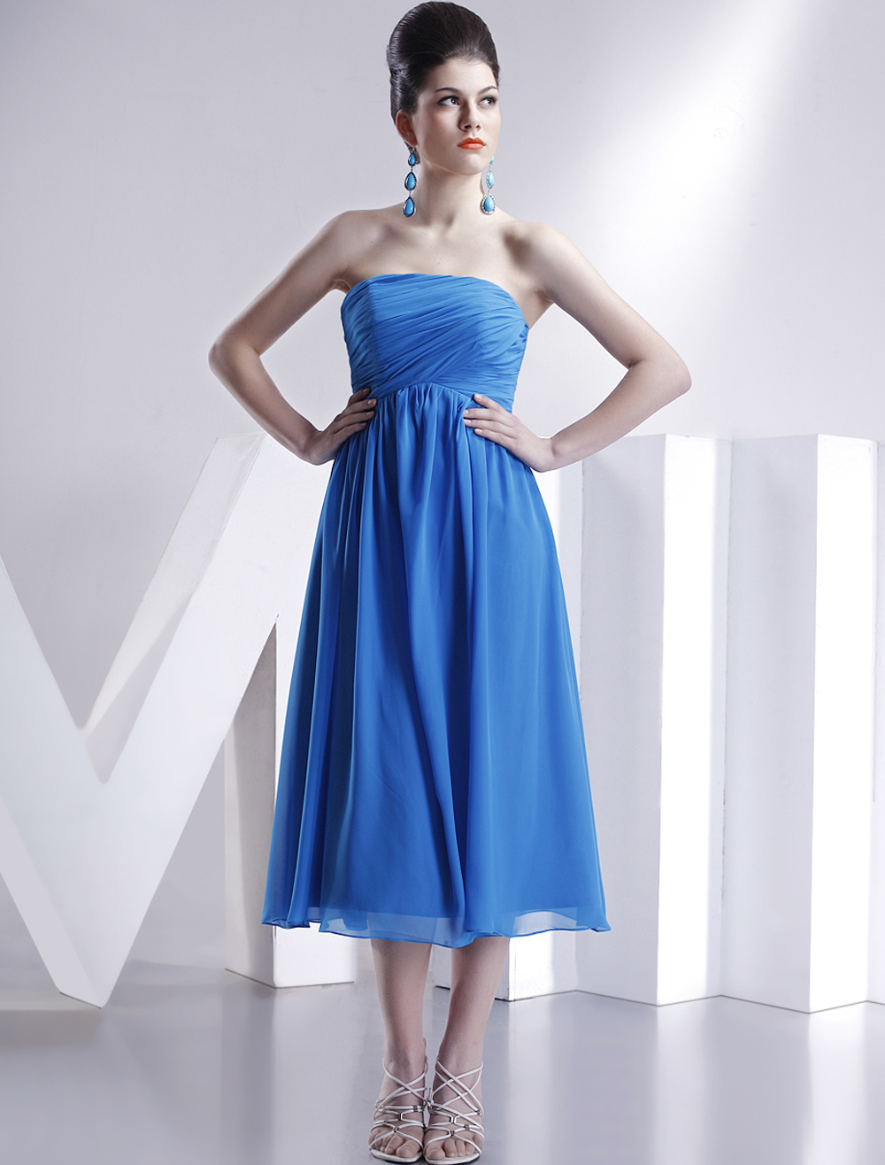 TeaLength Blue Bridesmaid Dress with Strapless Aline