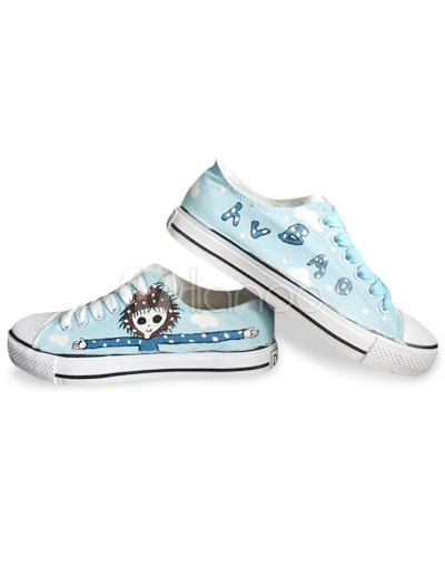 Scarpe canvas azzurre con la stampa con lacci con tacco basso (\u003c2.54cm) -  Milanoo.com