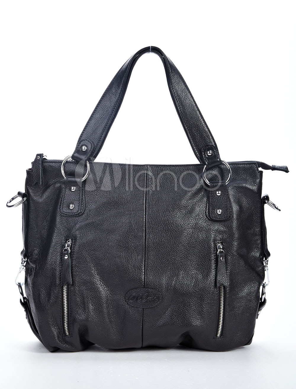 Trendy Black Cowhide Zippers Patent Tote Bag For Ladies - Milanoo.com