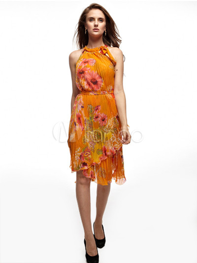 Vestido vintage de gasa de color naranja con estampado floral - Milanoo.com