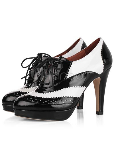 Black White Patent Leather 3 9/10'' High Heel Platform Lace-Up Womens ...