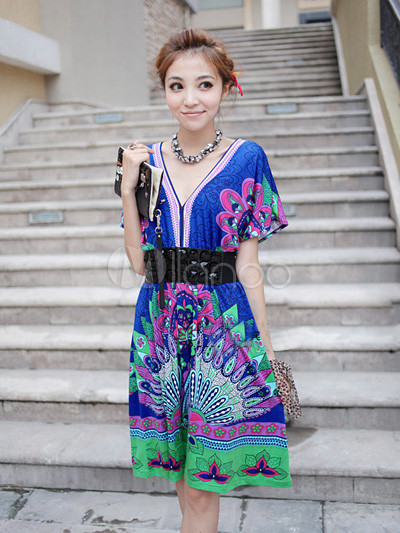 Azul algodón elegante y vestido de verano para mujeres de rayón viscosa -  Milanoo.com