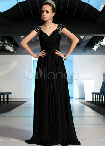 Concise Black Silk Like Satin V-neck Floor Length Women's Prom Dress ...