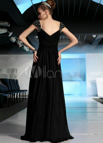 Concise Black Silk Like Satin V-neck Floor Length Women's Prom Dress ...