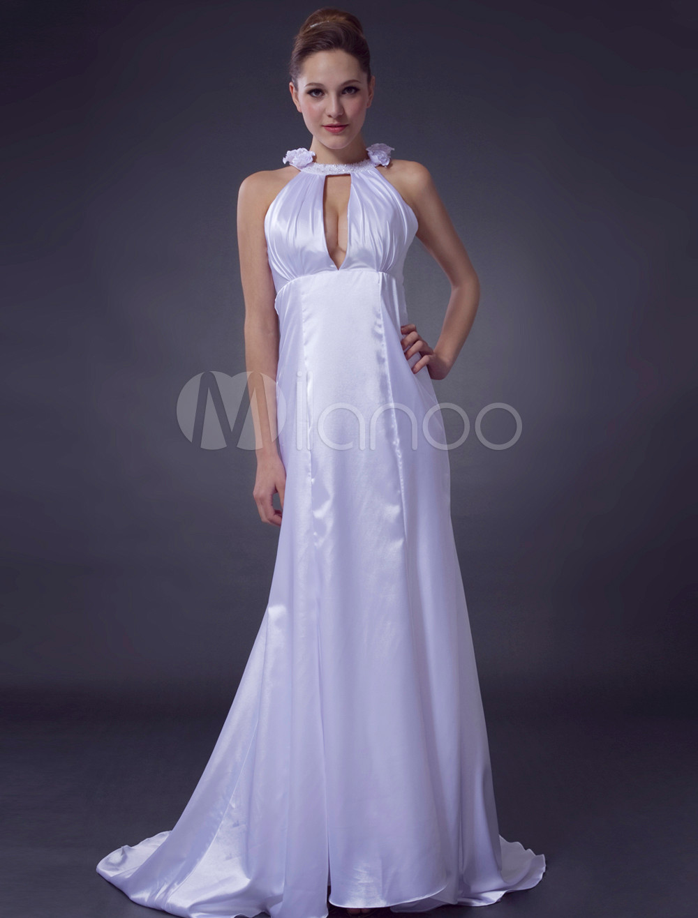 White Empire Waist Satin Silk Aline Wedding Dress