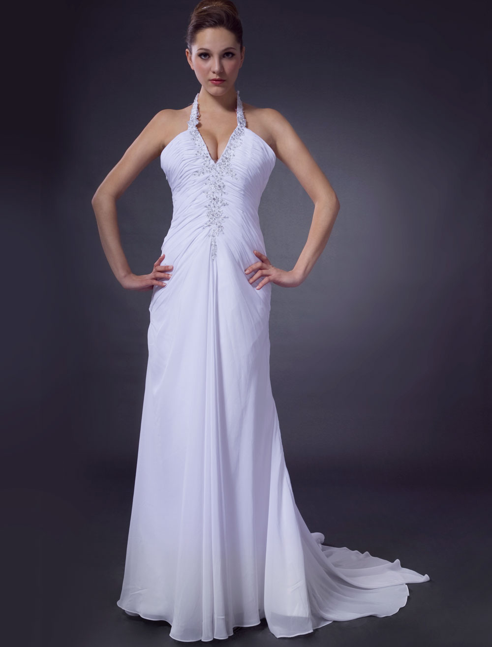 White Sheath V Neck Halter Satin Chiffon Wedding Dress Milanoo