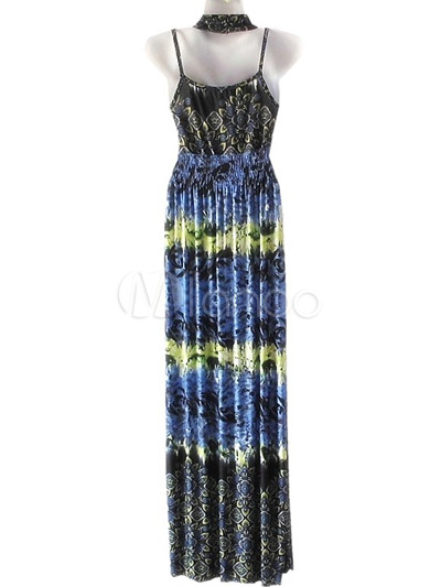 Gorgeous Blue Mercerized Cotton Polyester Spandex Halter Maxi Dress For ...