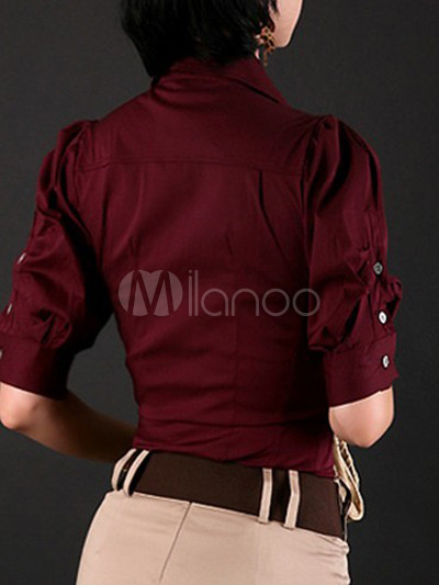 Burgundy Cotton Silk Half Sleeves Womens Fashion Shirt - Milanoo.com