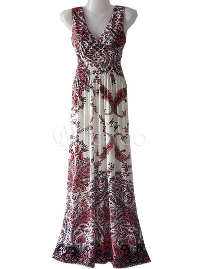 Modern Red Mercerized Cotton Polyester Spandex Sleeveless Floral Maxi ...
