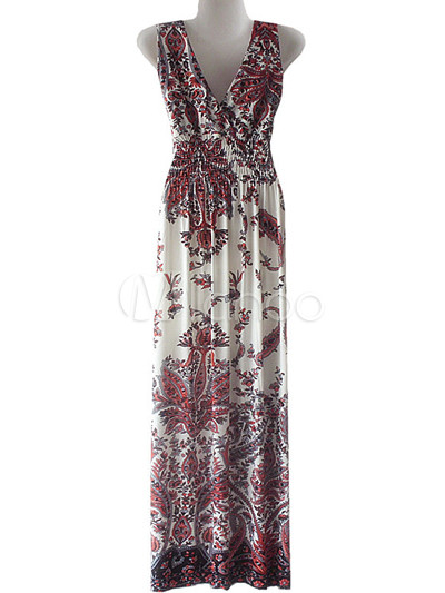 Modern Red Mercerized Cotton Polyester Spandex Sleeveless Floral Maxi ...