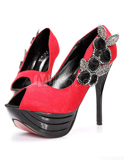 red satin high heel shoes