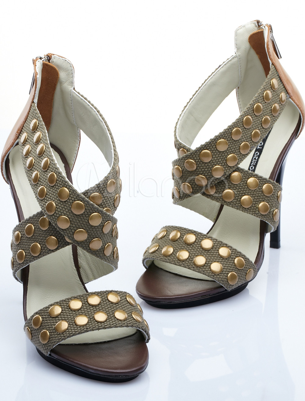 3 1/5'' High Heel Army Green Rivet Sheep Skin Sandals
