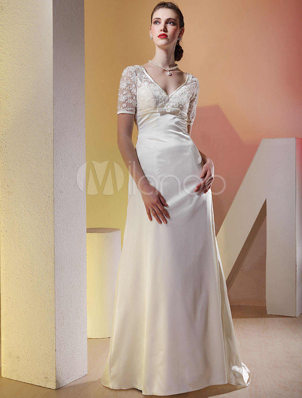 white-short-sleeves-v-neck-satin-luxury-wedding-dress-milanoo