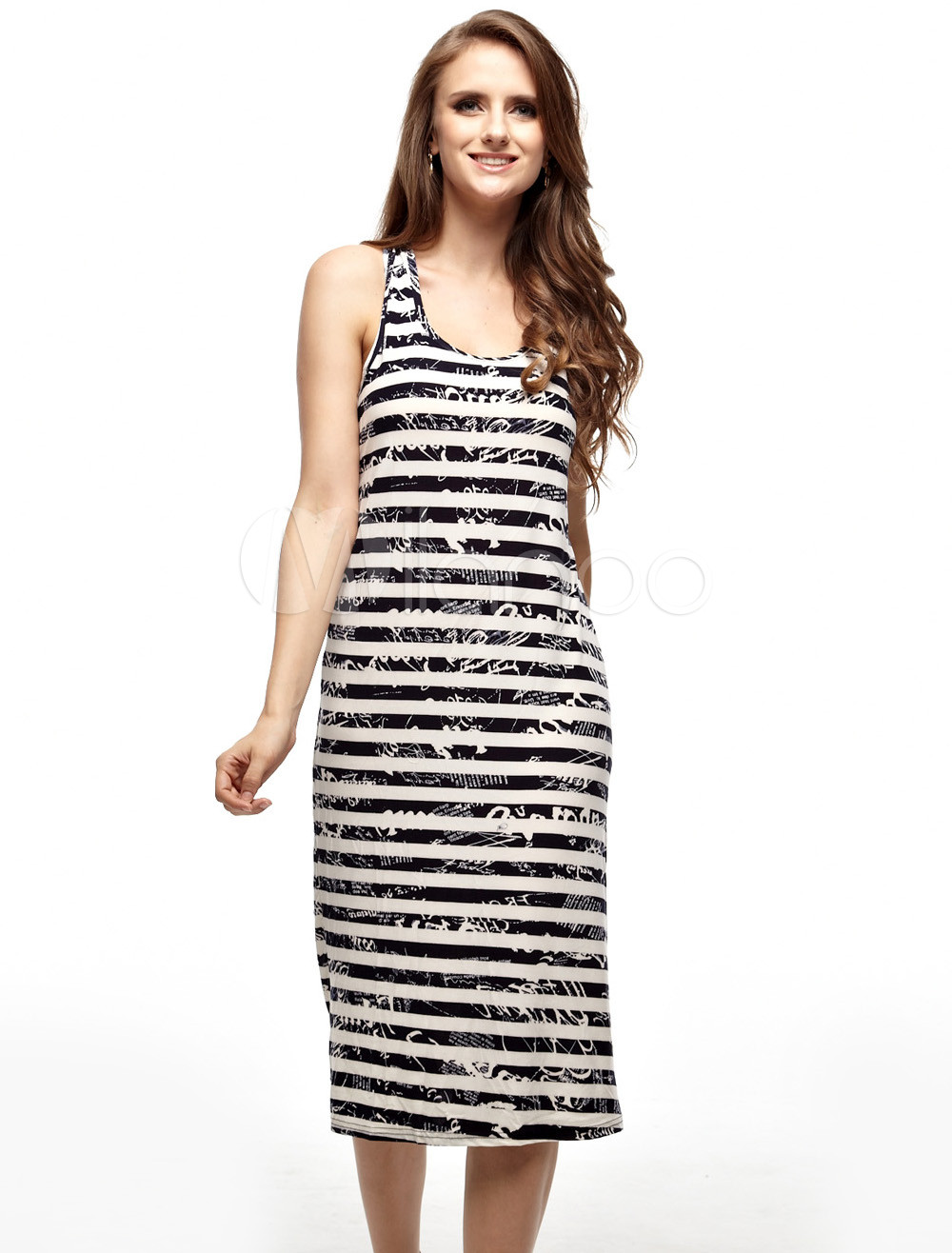 Unique Blue White Striped Sleeveless 100 Cotton Womens Summer Dress