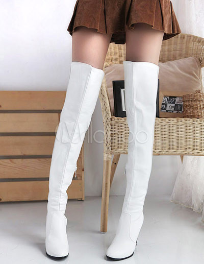 Fashionable White Manmade PU Rubber Sole Over The Knee Length Riding ...