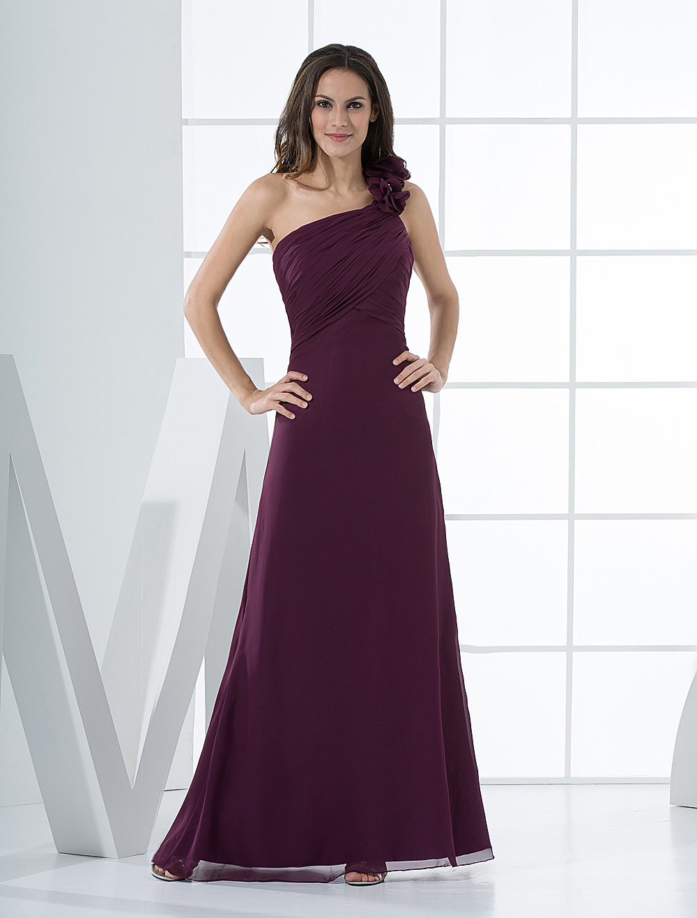 Sexy Grape Chiffon One Shoulder Floor Length Bridesmaid Dress - Milanoo.com