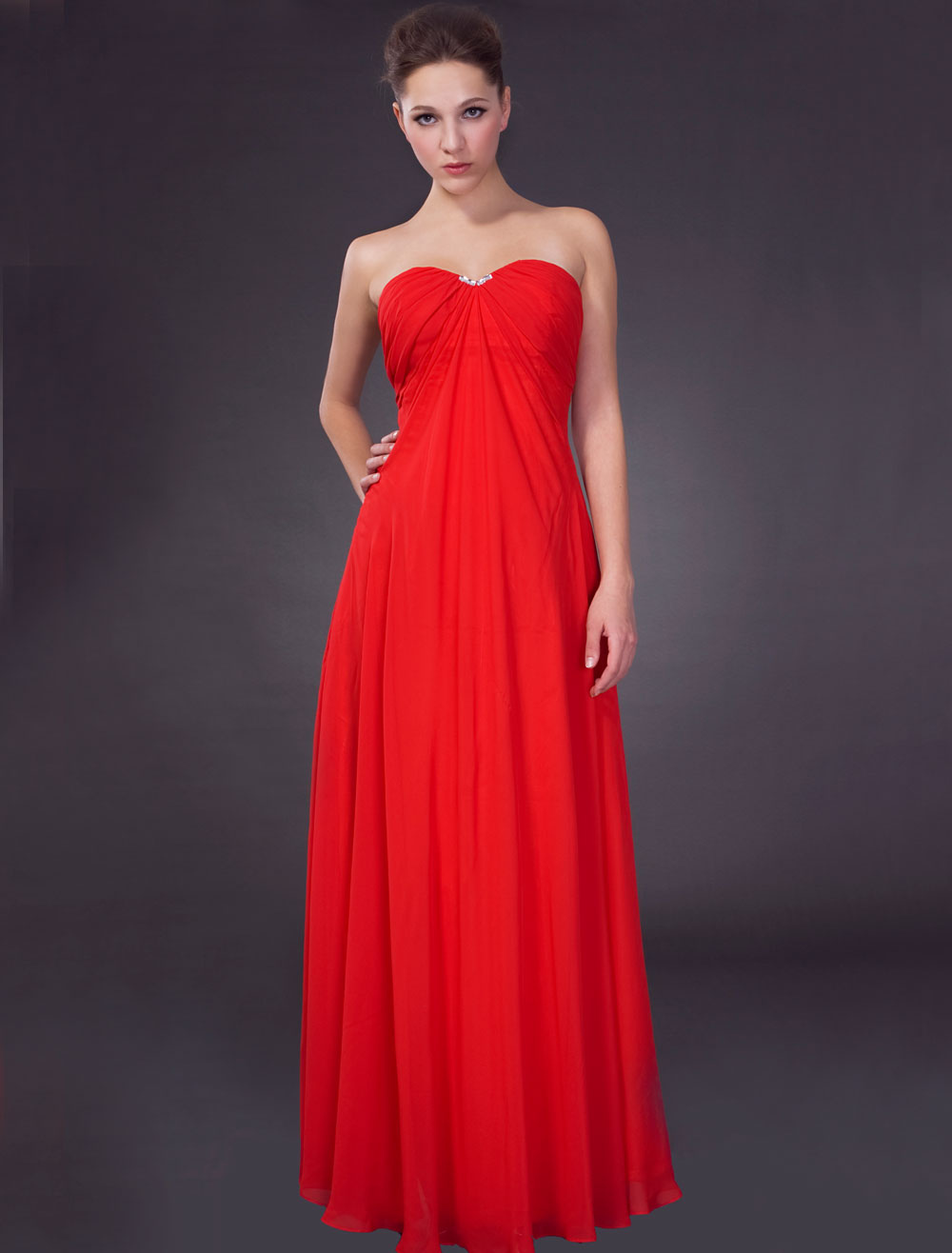Red Empire Waist Strapless Satin Chiffon Maxi Evening Gown - Milanoo.com