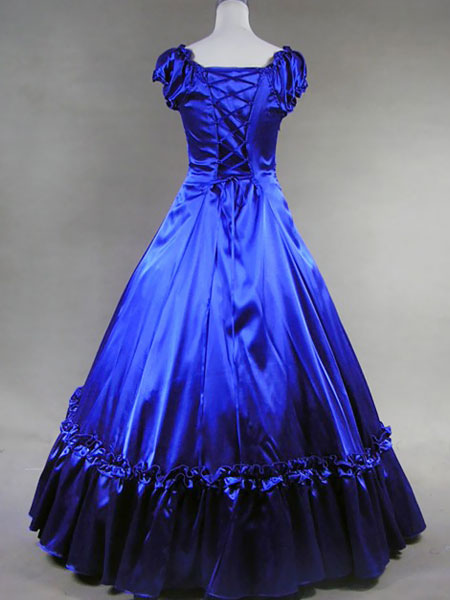 Women's Vintage Costume Victorian Blue Satin Ruffle Retro Maxi Dress ...