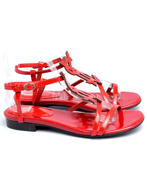 Hot Red Enamelled Leather Flat Sandals For Women 