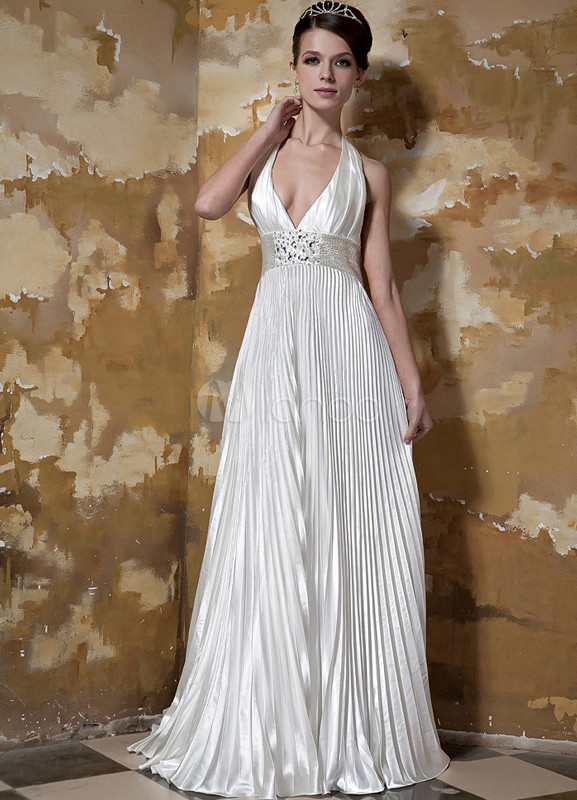 Ivory Deep VNeck Beading Pleated Elastic Woven Satin Evening Dress