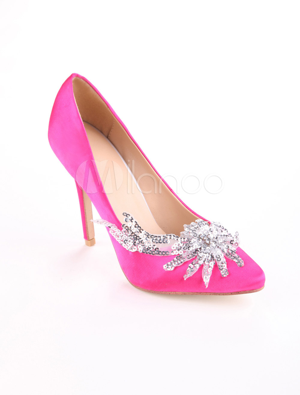 Fuchsia Satin Rhinestone Pointed Toe Women's Dress Pumps - Milanoo.com