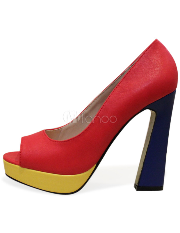 Color Block Leopard Open Toe Cowhide Womens Chunky Heel Shoes - Milanoo.com