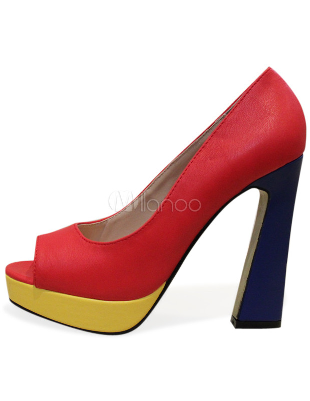 Color Block Leopard Open Toe Cowhide Womens Chunky Heel Shoes