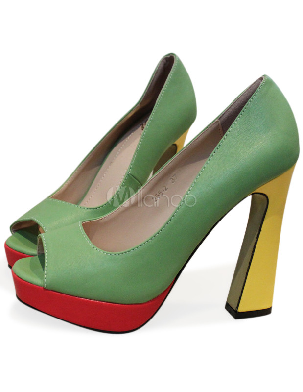 Color Block Leopard Open Toe Cowhide Womens Chunky Heel Shoes