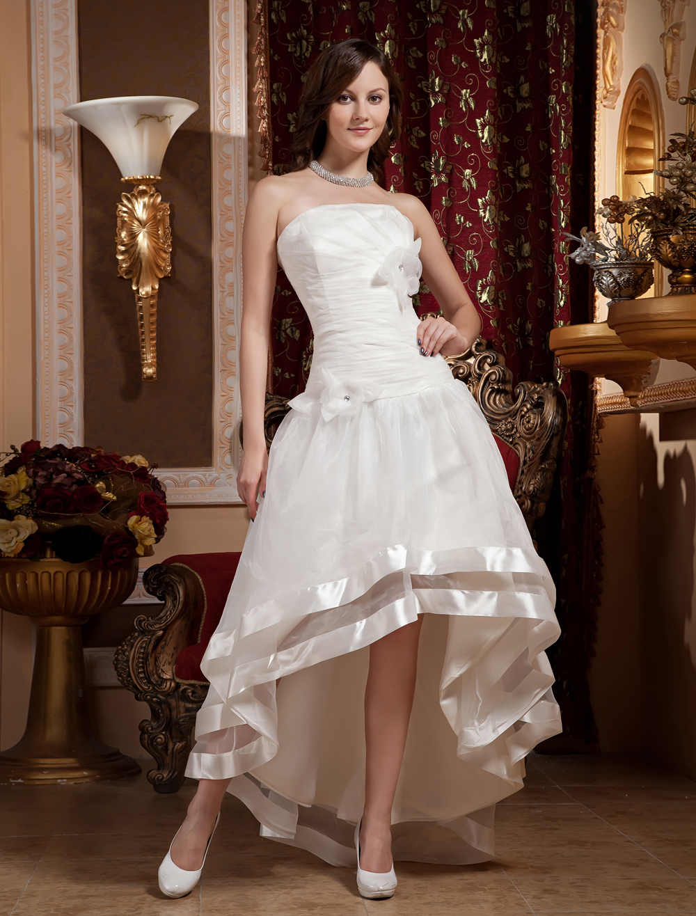 Pretty Ivory Strapless A-line Organza Floor Length Wedding Dress