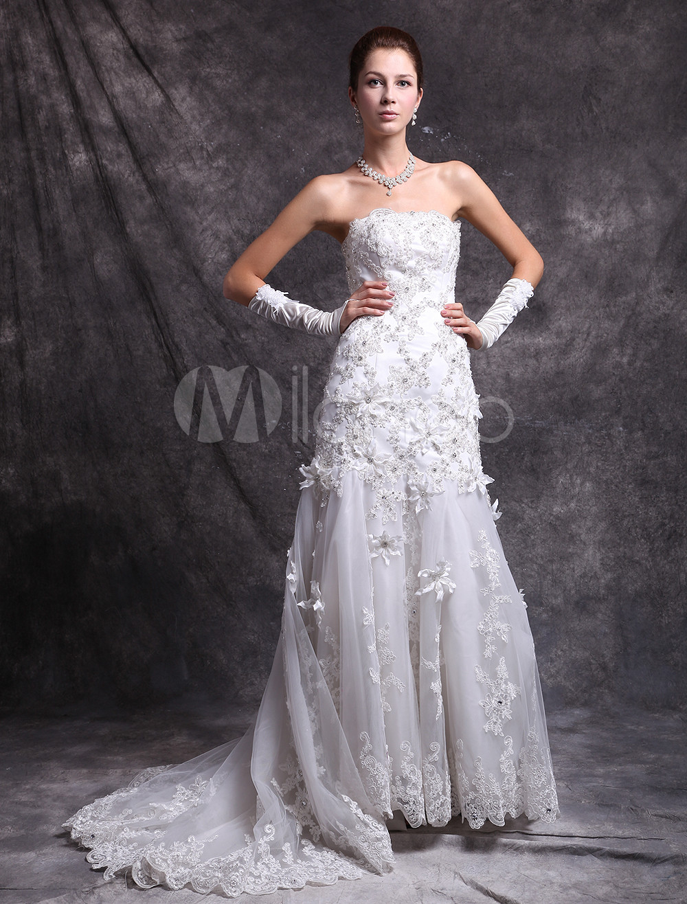 Ivory Strapless Applique Satin Bridal Aline Wedding Dress