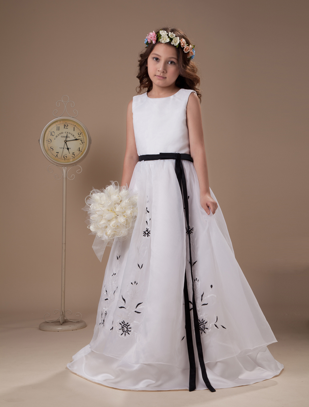 Sash Embroidery Satin Flower Girl Dress