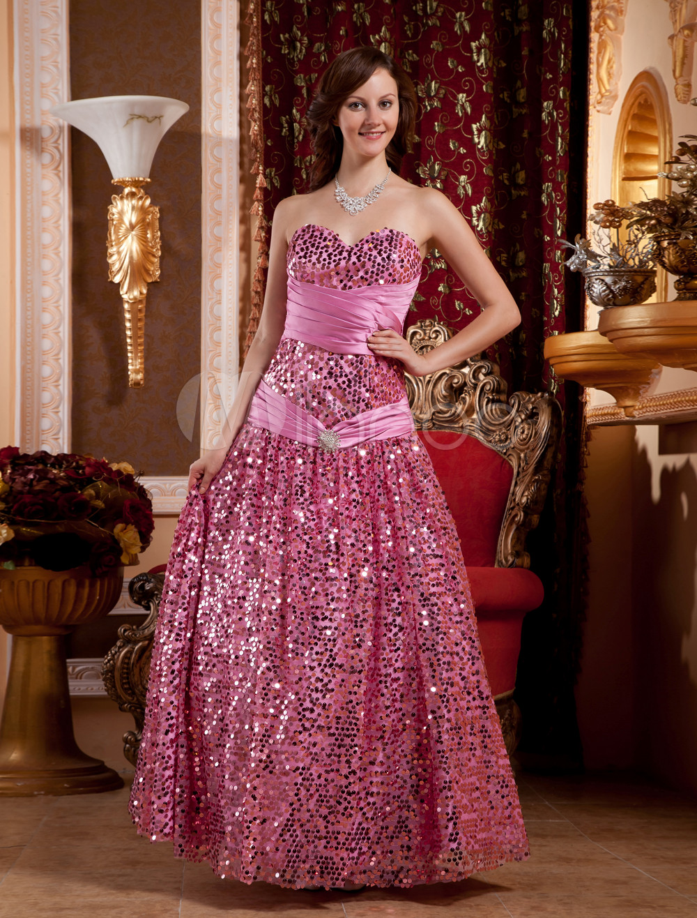 Sweet Pink Tulle Strapless Floor Length Princess Prom Dress 8699