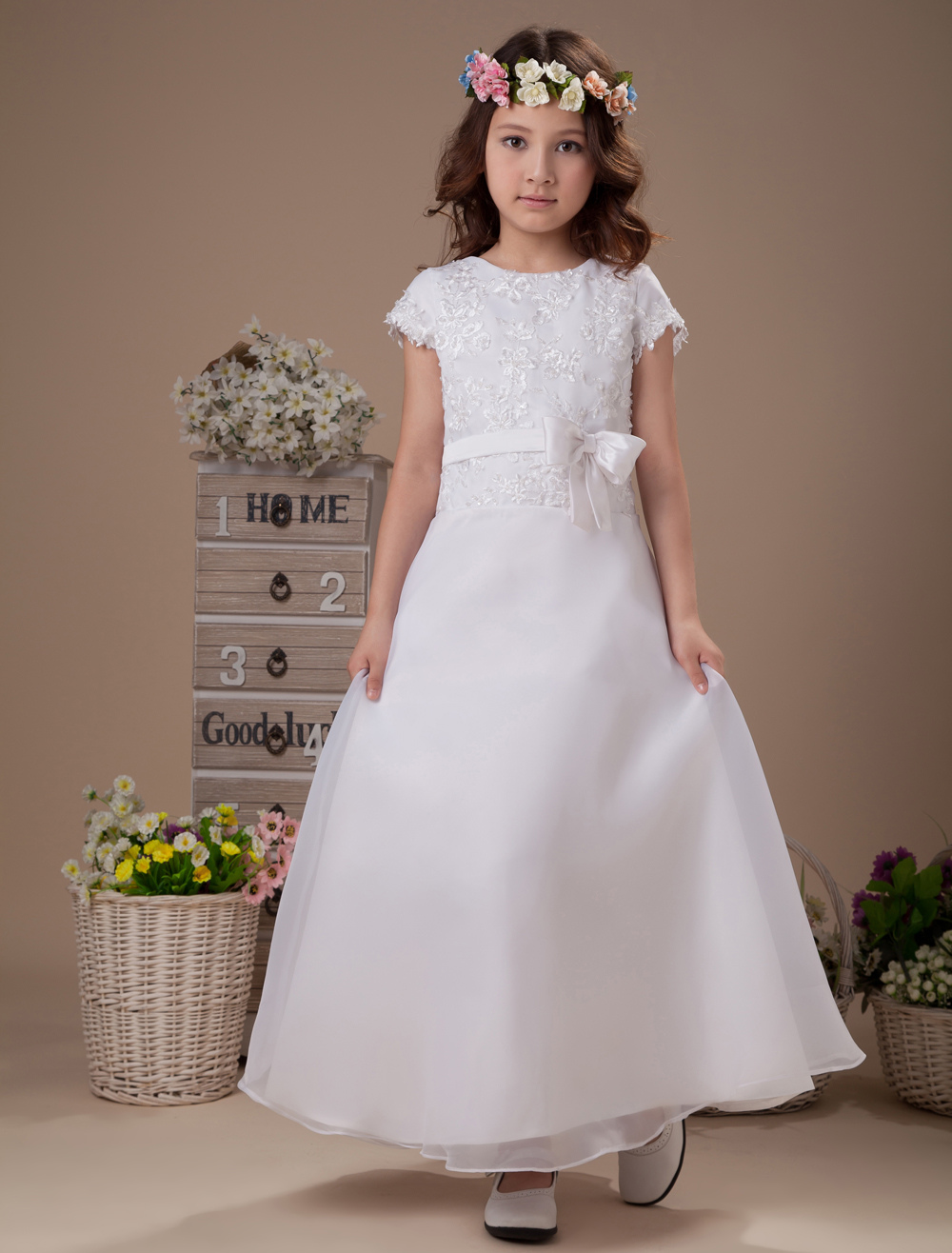 white satin communion dress