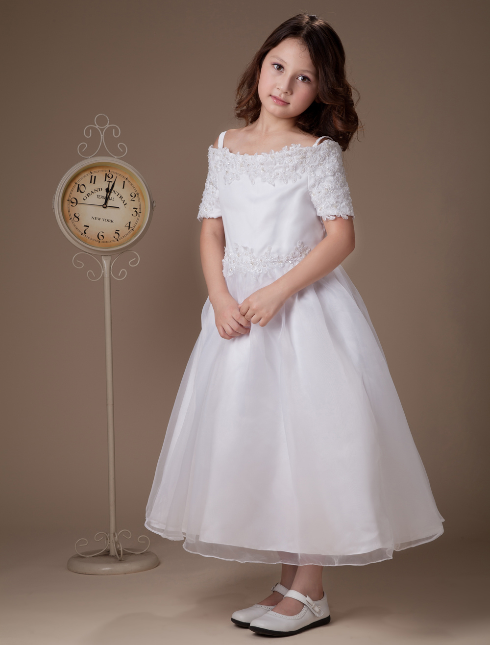 Sweet Aline White Satin TeaLength First Communion Dresses