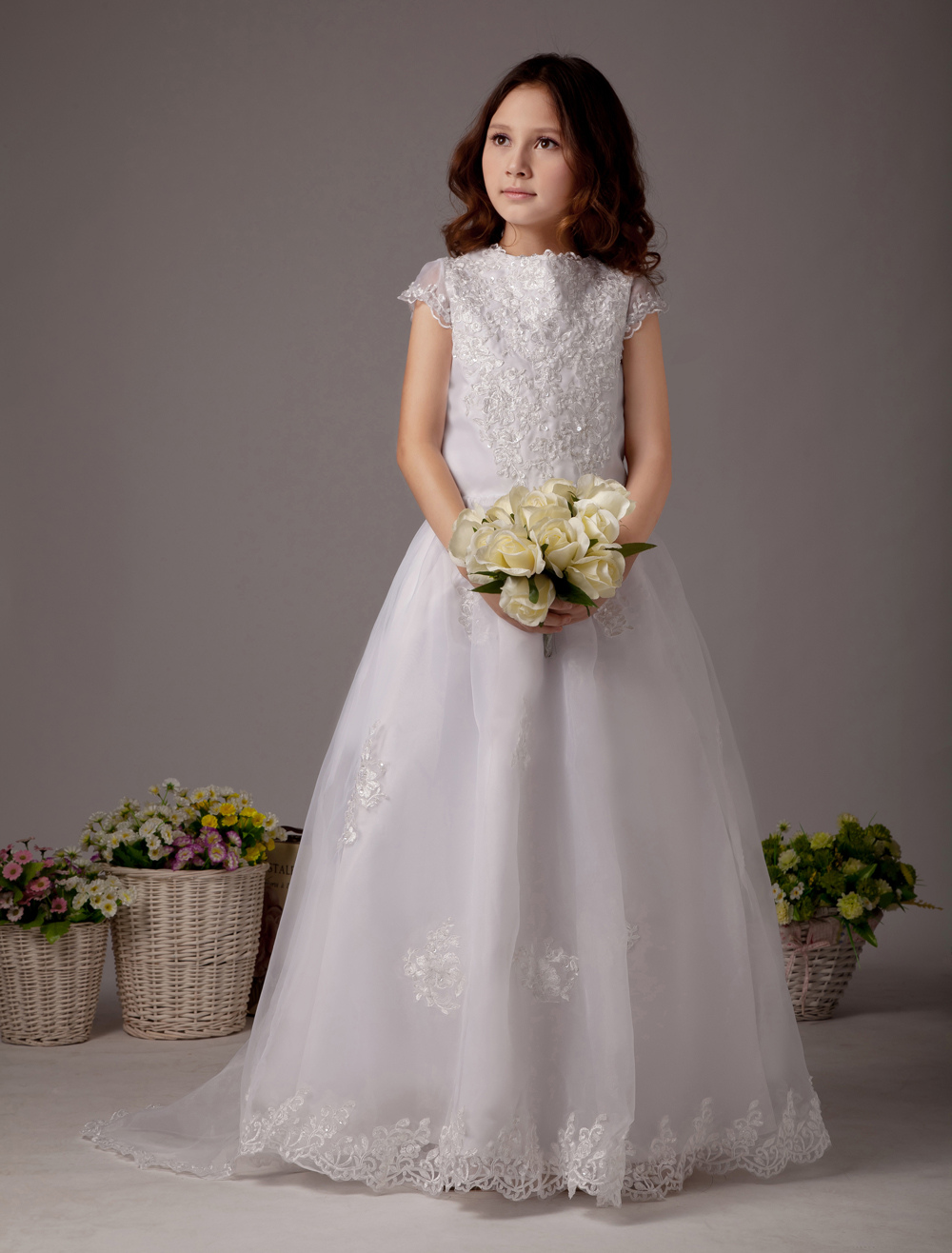 White High Collar Ball Gown Satin Lovely Flower Girl Dress - Milanoo.com