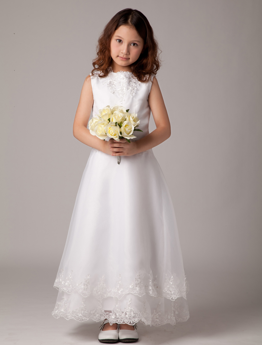 Sweet A-line White Satin Sleeveless Ankle-Length First Communion Dress ...